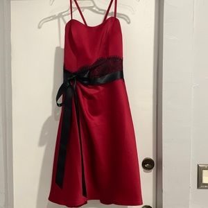 Red and black detail wedding guest dress